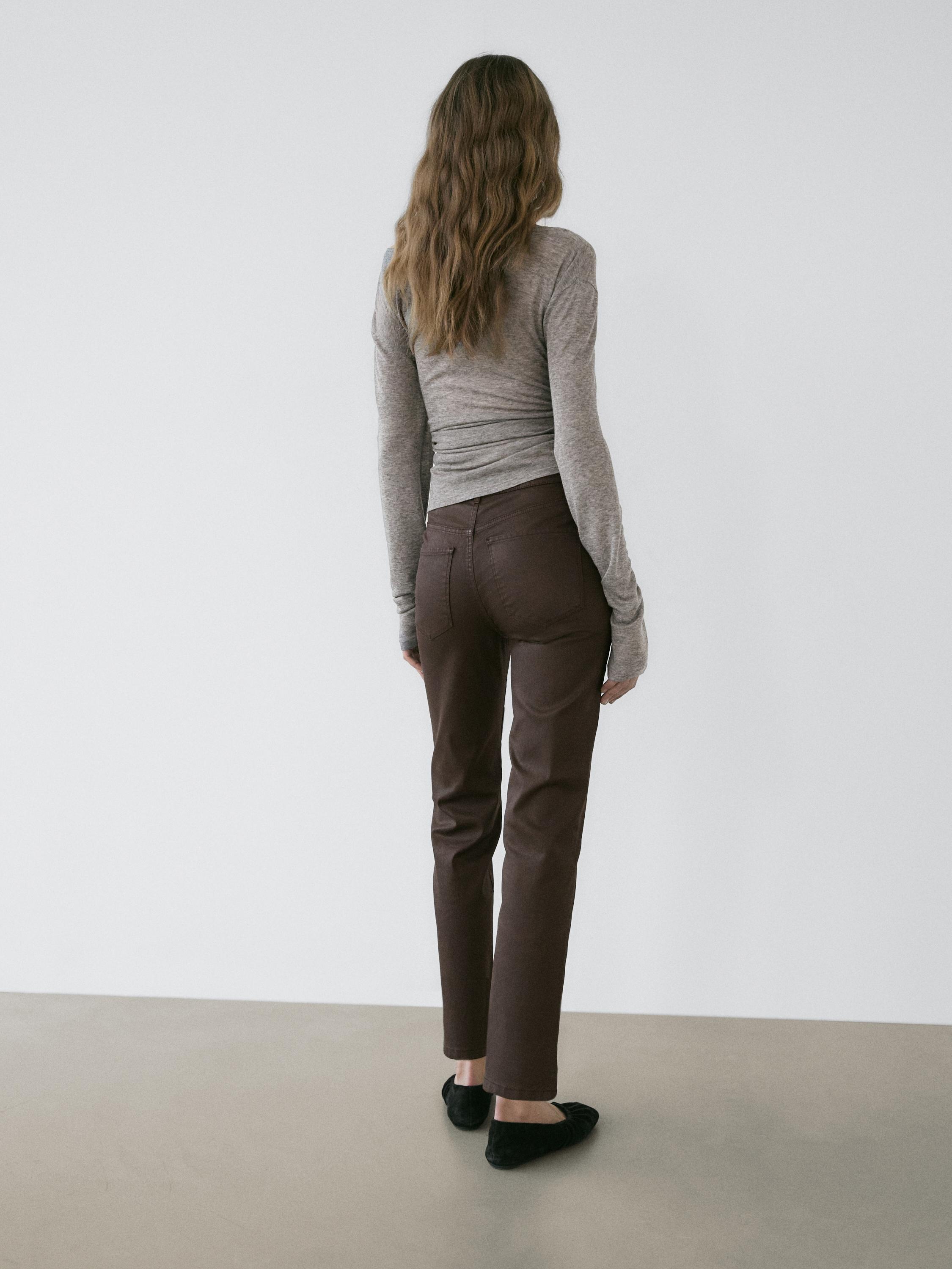High-waist straight-leg waxed trousers